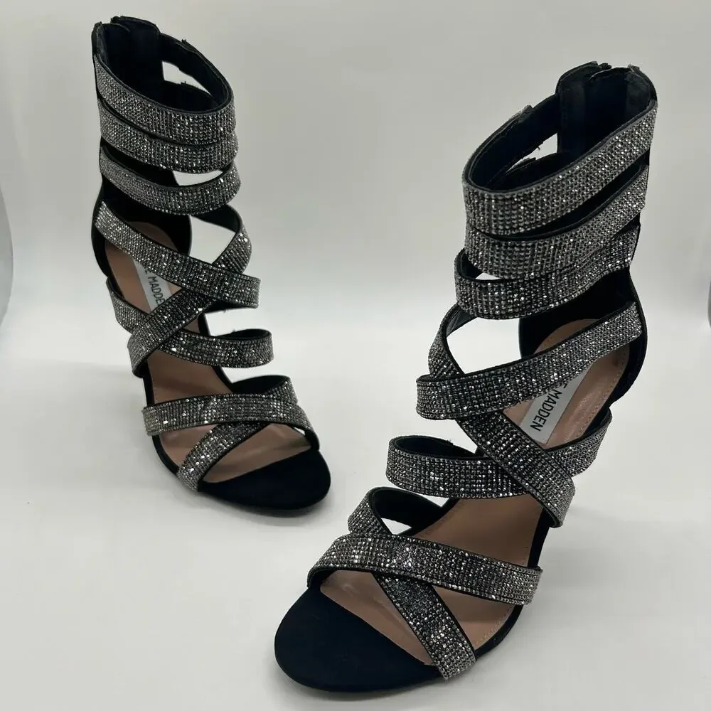 Steve Madden Heels Women 9 Black Malika Open Toe Strap Sandals Wedding Party NEW